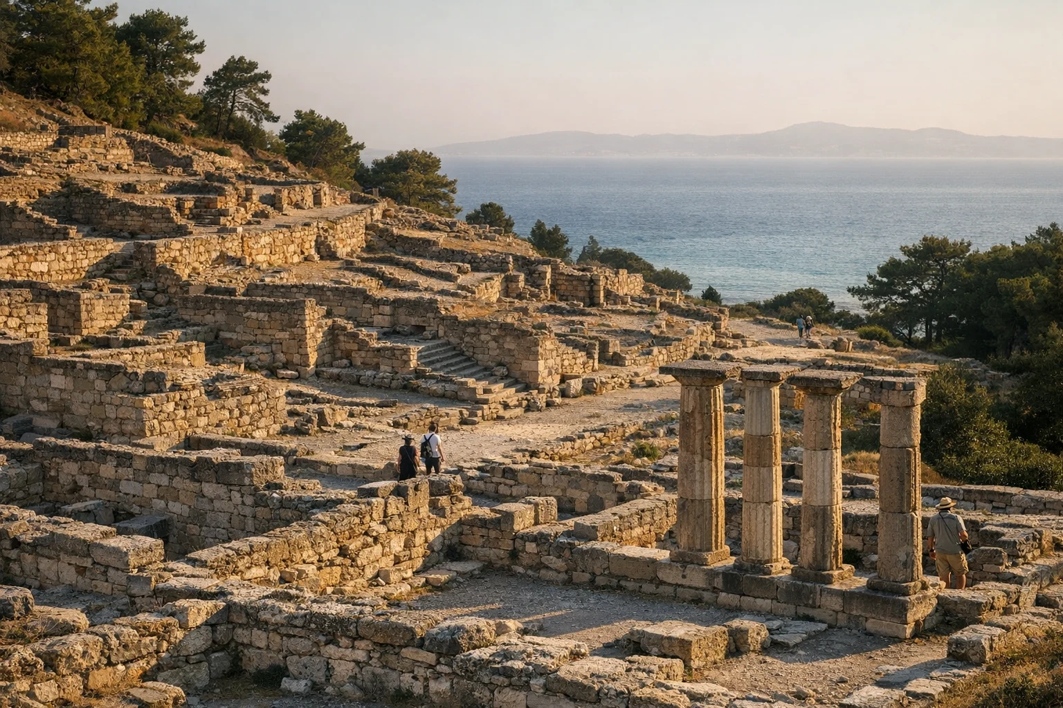 Ruins of Ancient Kamiros on Rhodes, Greece, with stone terraces and Aegean Sea views