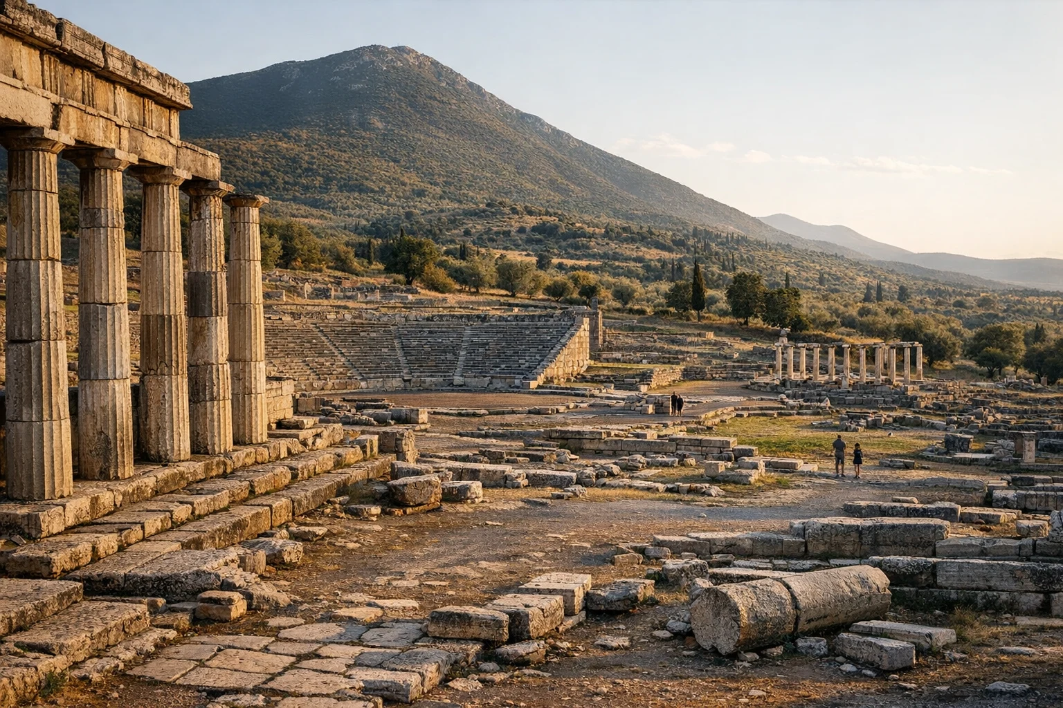 Ruins of Ancient Messene in Greece with stone arcades, stadium, and surrounding green hills