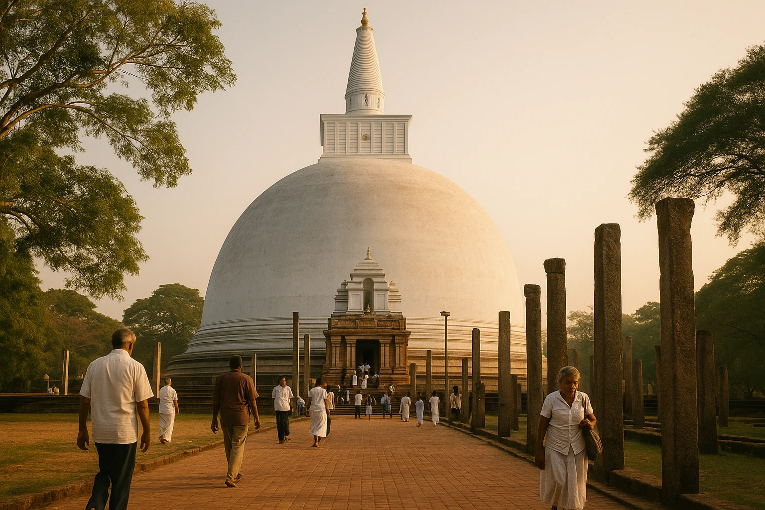 The gleaming white dome of Ruwanwelisaya stupa rising above the sacred city of Anuradhapura, Sri Lanka