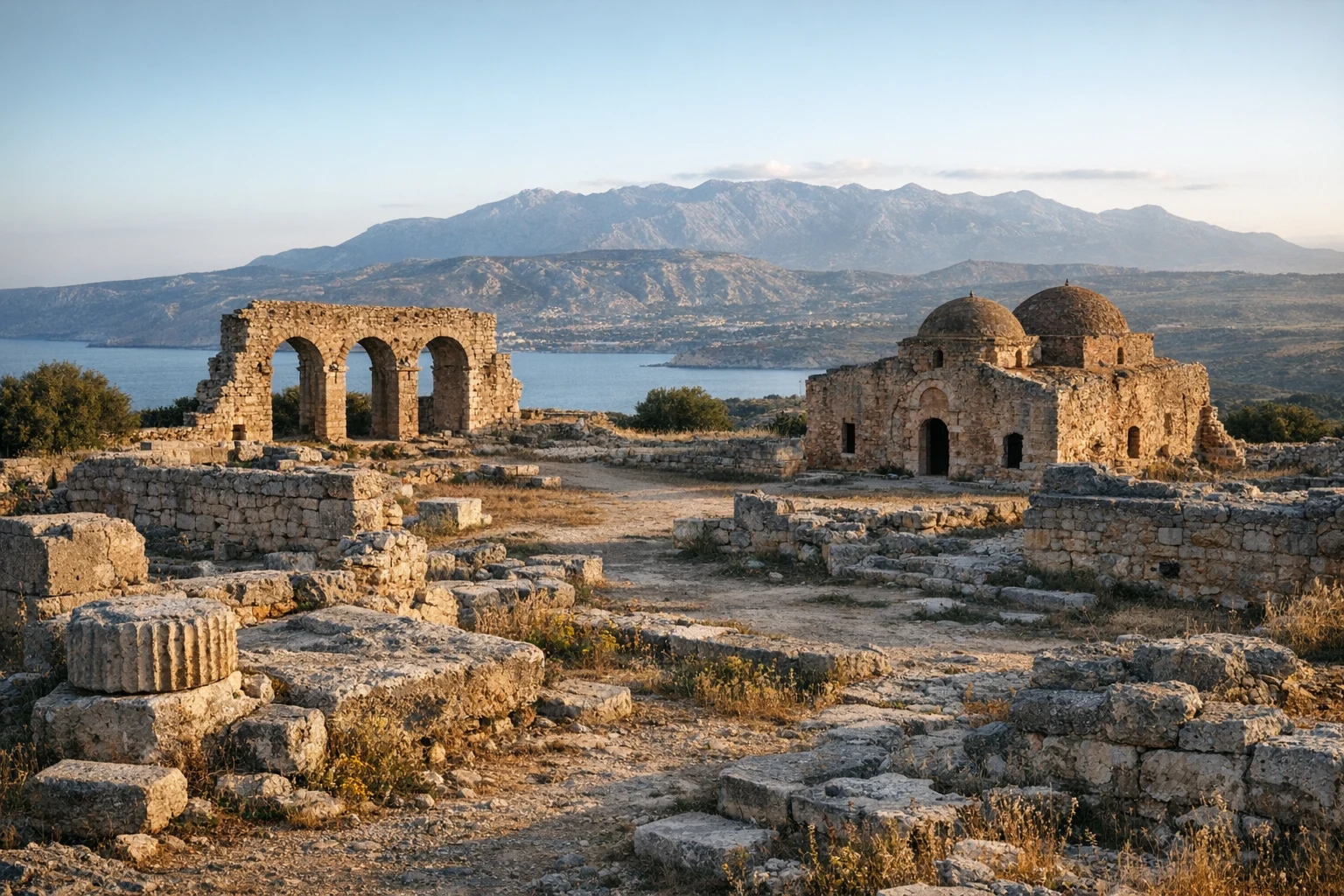 Ancient ruins of Aptera overlooking Souda Bay in Crete, Greece