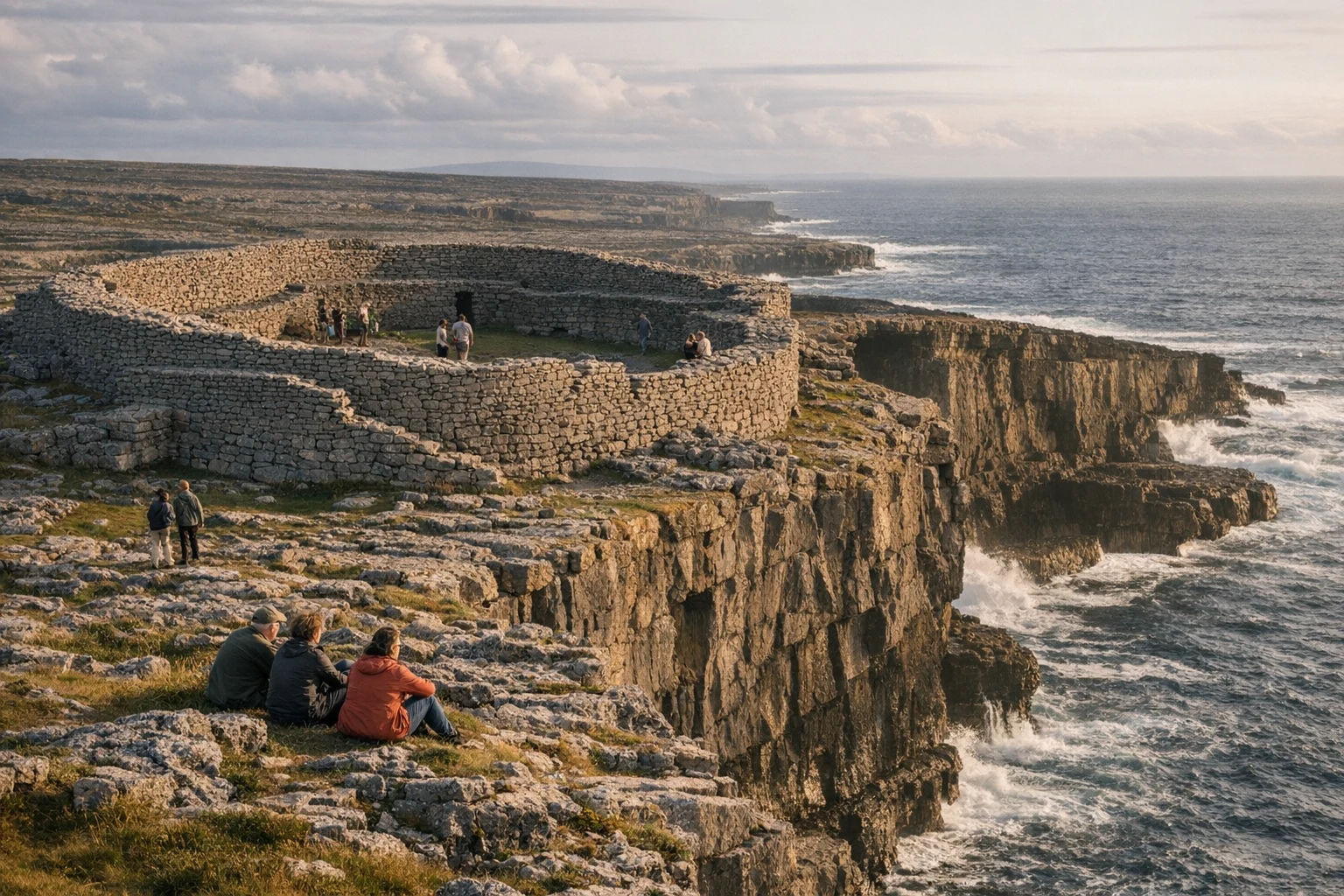 Ancient stone fort walls on the Aran Islands Stone Forts in Ireland overlooking the Atlantic coast