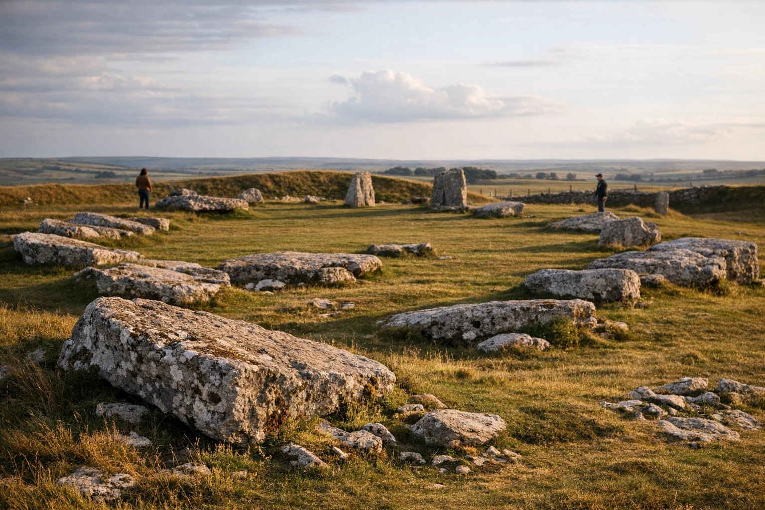 Arbor Low Stone Circle in Derbyshire, United Kingdom, with fallen stones inside the great earthwork