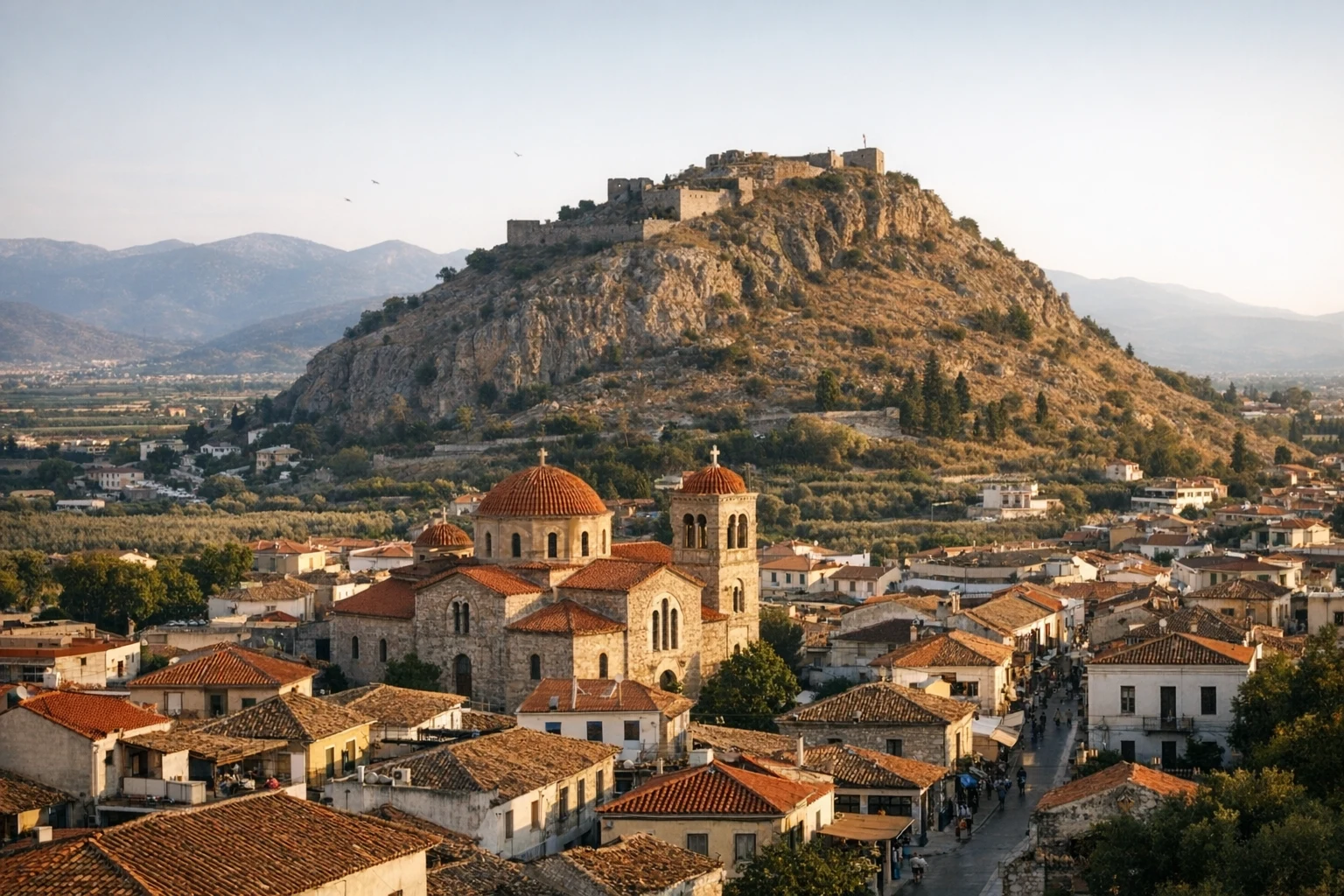 Ancient ruins and theater at Argos in Greece beneath the Peloponnesian hills