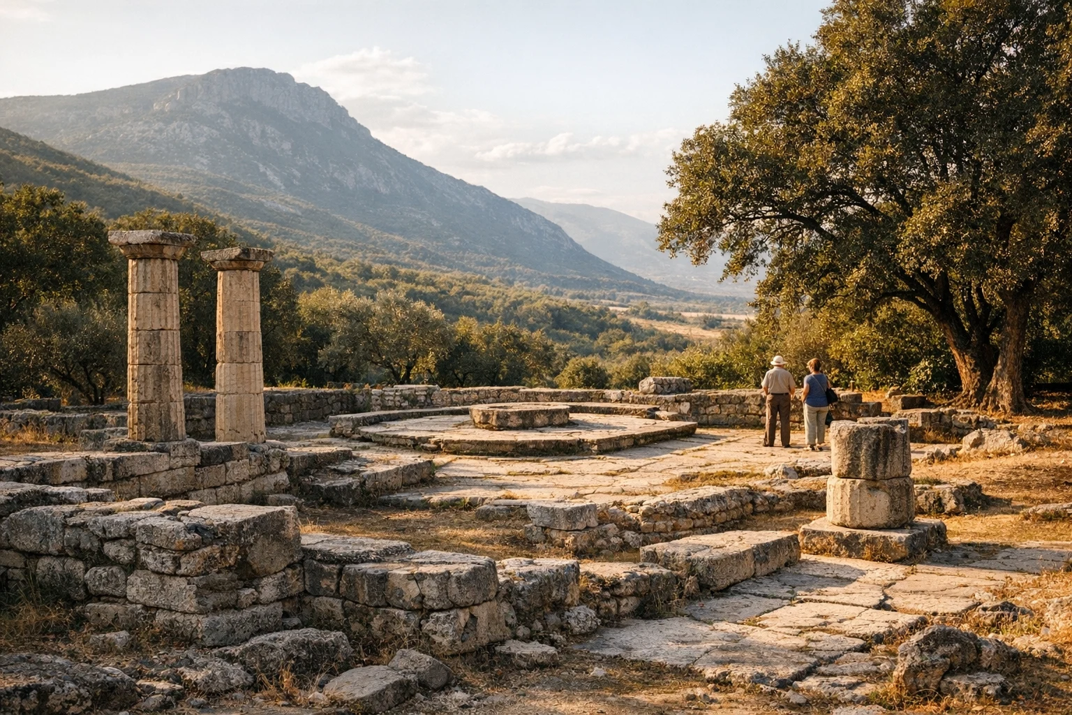 Ruins and shaded landscape at Aristotle's School in Greece, the philosophical site near Naousa