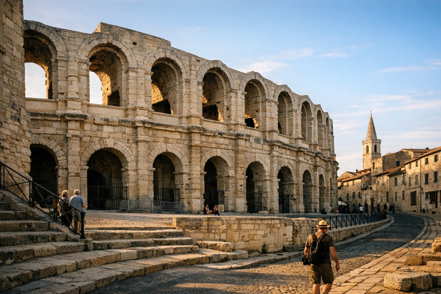The Arles Amphitheatre, a grand Roman arena in Arles, France, under a sunny sky