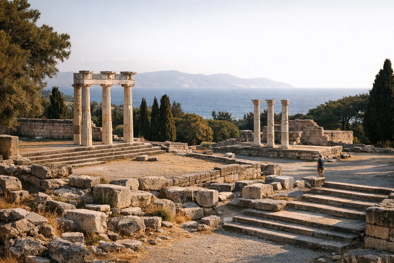 Terraced ruins of the Asklepieion of Kos in Greece with columns, cypress trees, and distant sea views