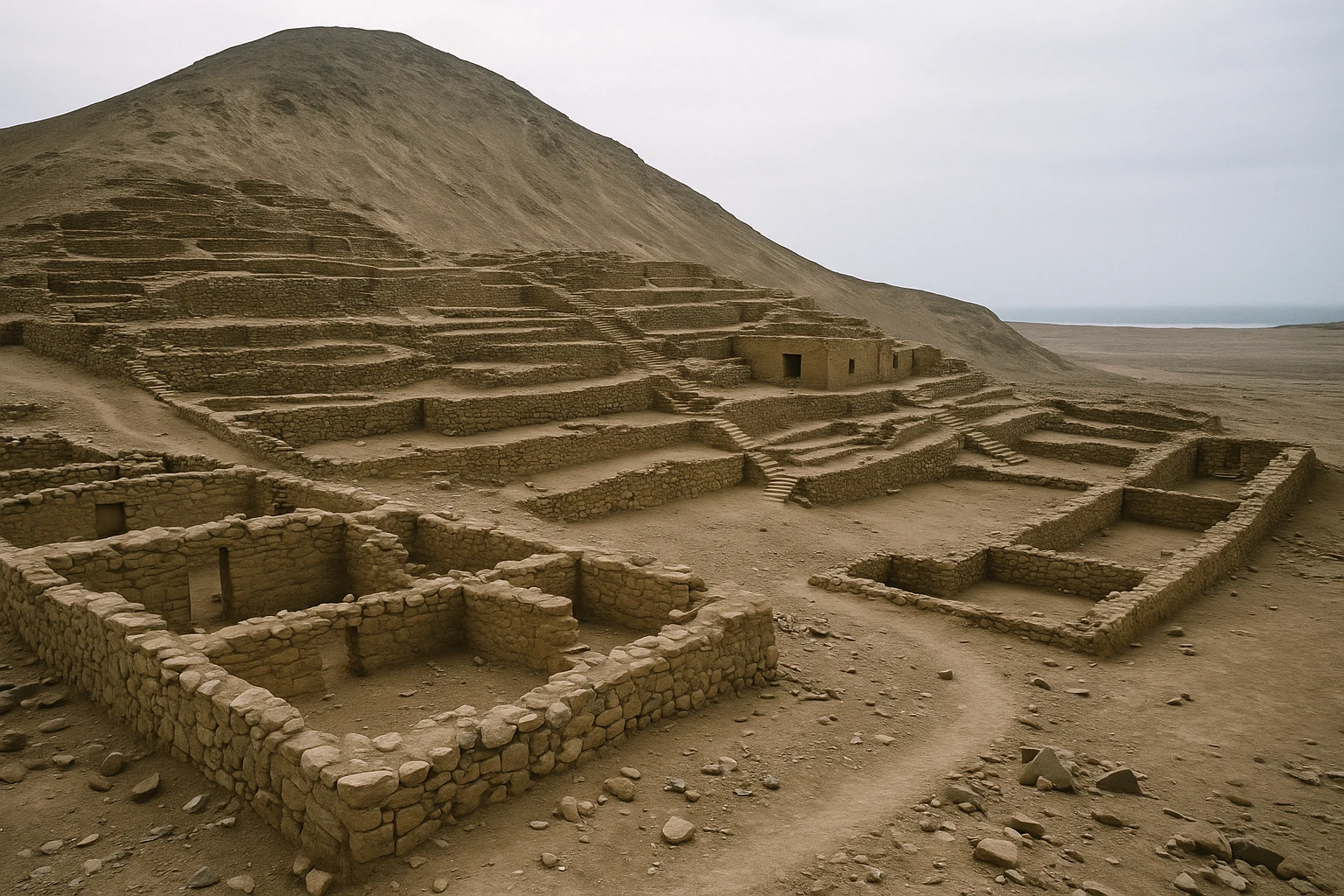 Huaca ceremonial mound near the coast, Aspero, Peru