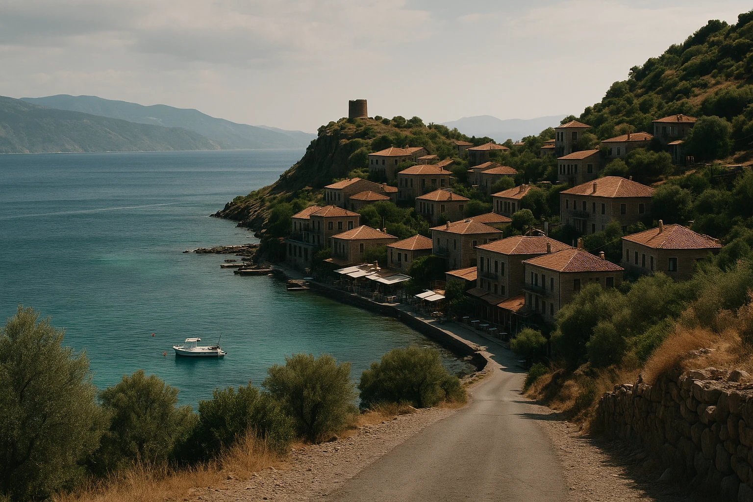 Temple of Athena columns on the acropolis of Assos overlooking the Aegean Sea, Turkey