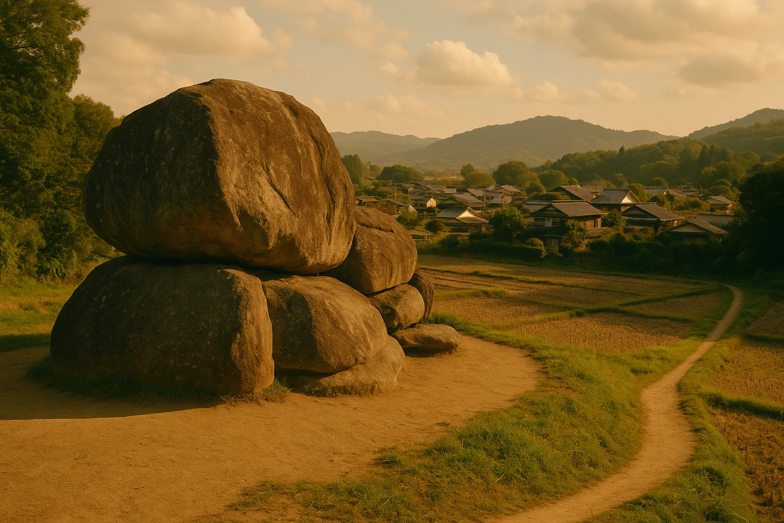 Ancient stone burial chamber at Asuka Historical Sites surrounded by rice paddies in Nara Prefecture, Japan