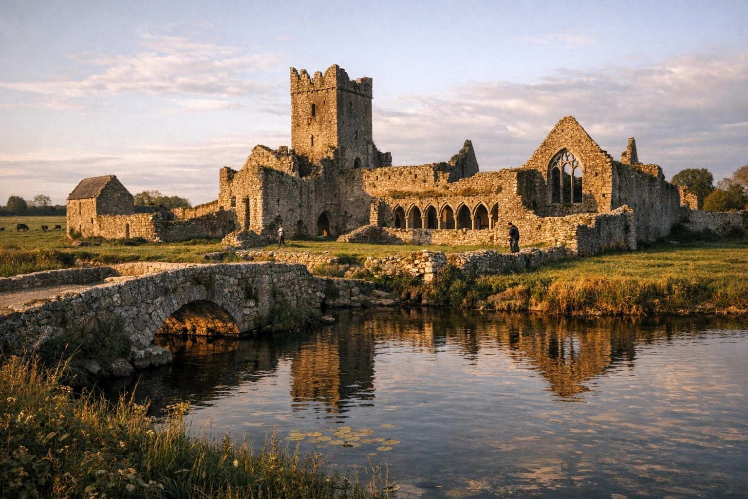 Ruined stone walls and arches of Athassel Priory in Ireland beside the River Suir