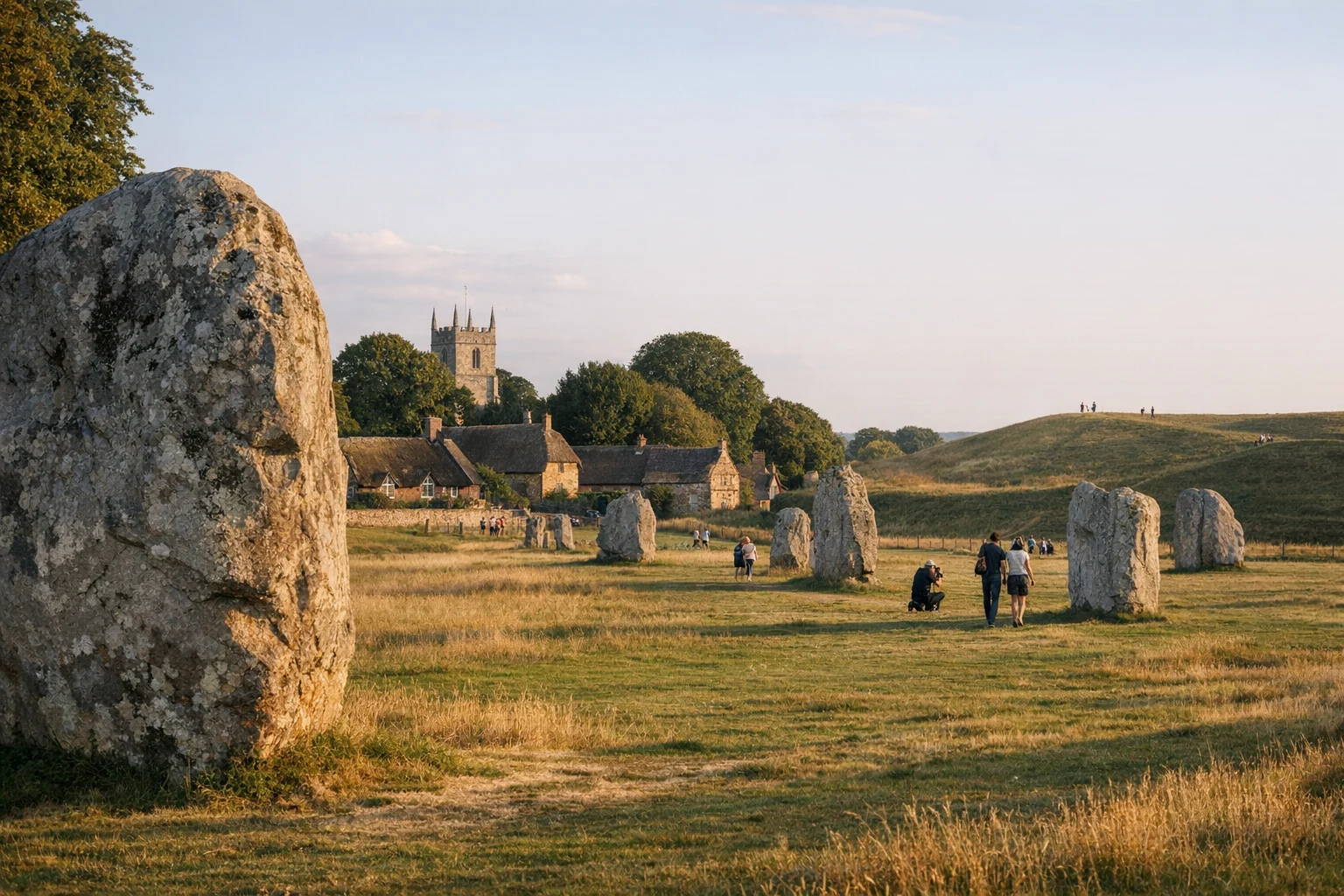 Ancient stones at Avebury in the United Kingdom under open countryside skies