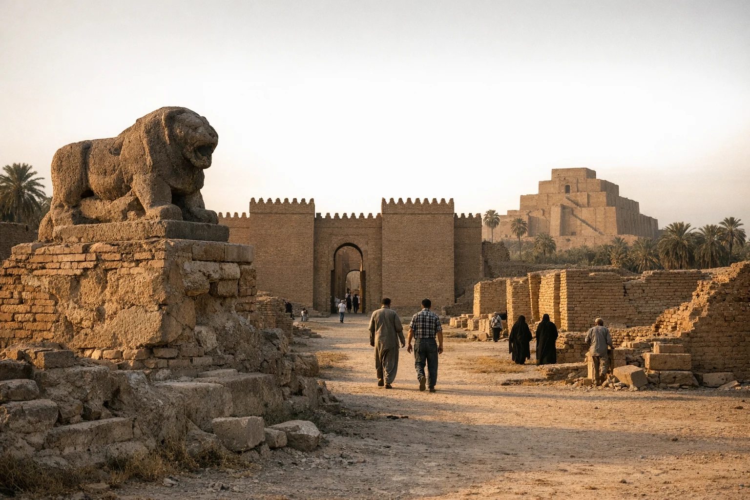 Ancient ruins of Babylon in Iraq with reconstructed walls and the desert plain beyond