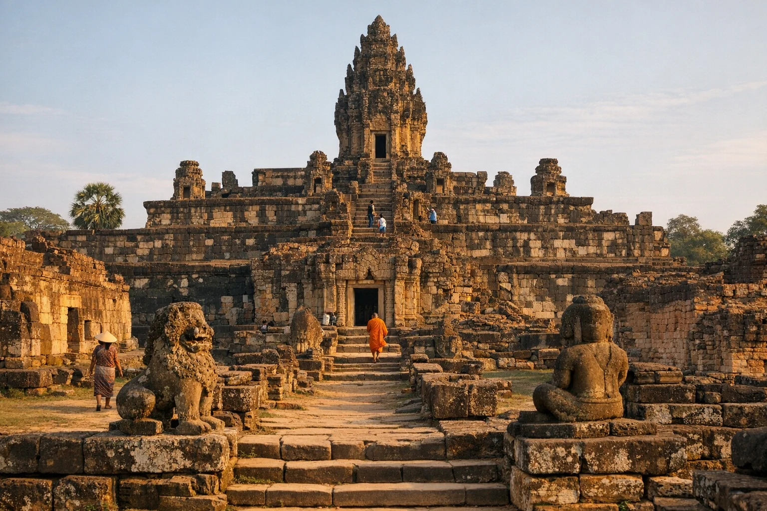 The temple-mountain of Bakong, Cambodia, rising above the surrounding green landscape