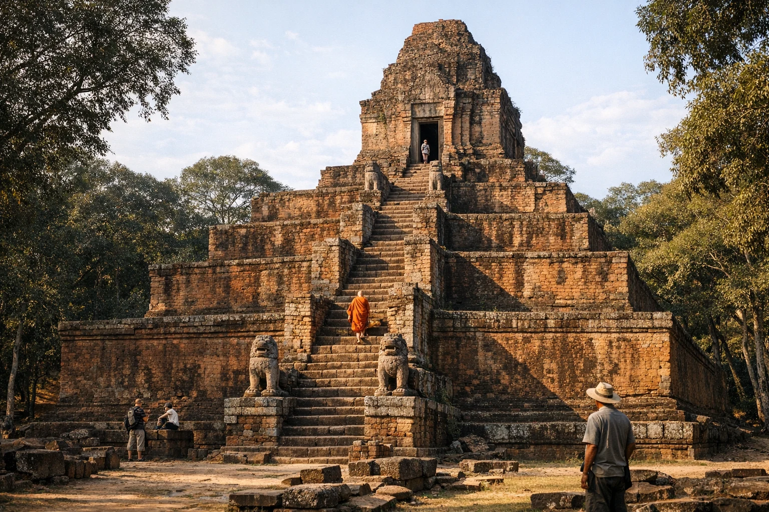 Stone pyramid of Baksei Chamkrong temple bathed in sunlight in Siem Reap, Cambodia