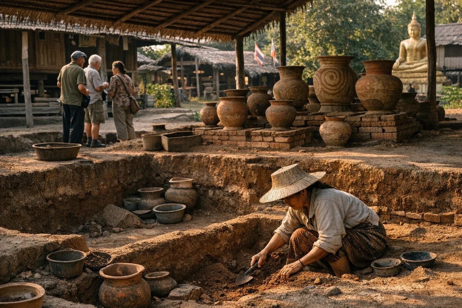 Archaeological remains and pottery displays at Ban Chiang in Thailand