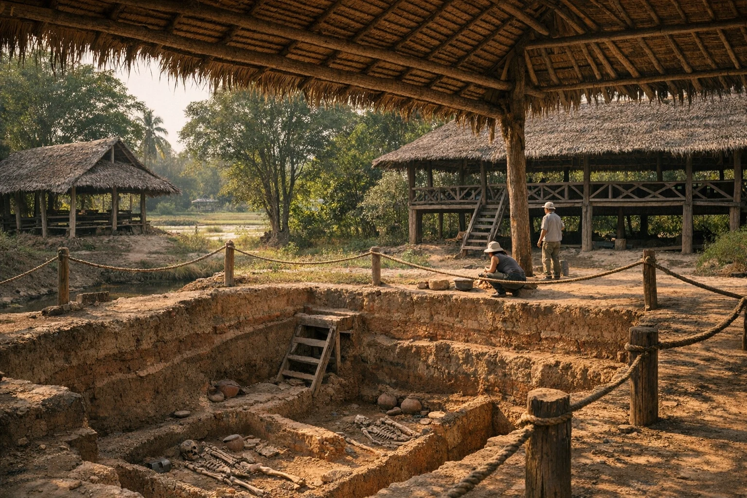 Excavated burials and interpretive structures at Ban Prasat Archaeological Site in Thailand