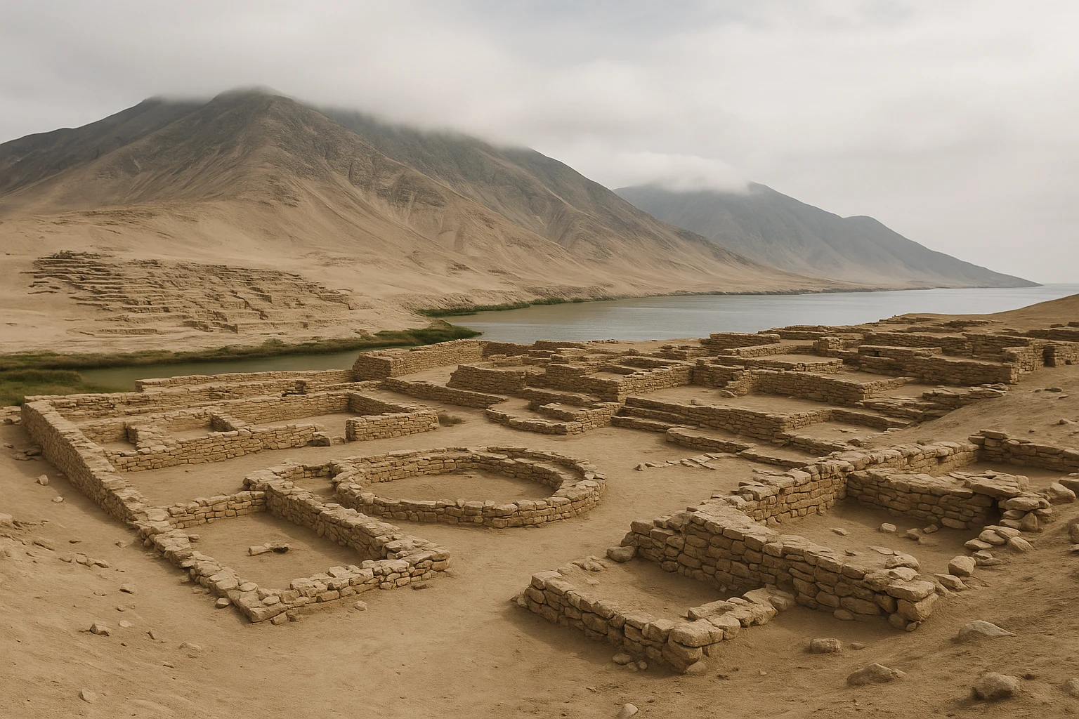 Ancient earthen mounds beside coastal wetlands at Bandurria, Peru