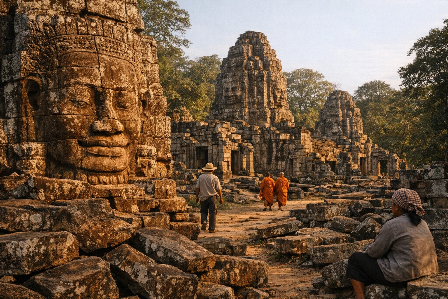 Stone towers and gallery ruins at Banteay Chhmar in Cambodia surrounded by trees