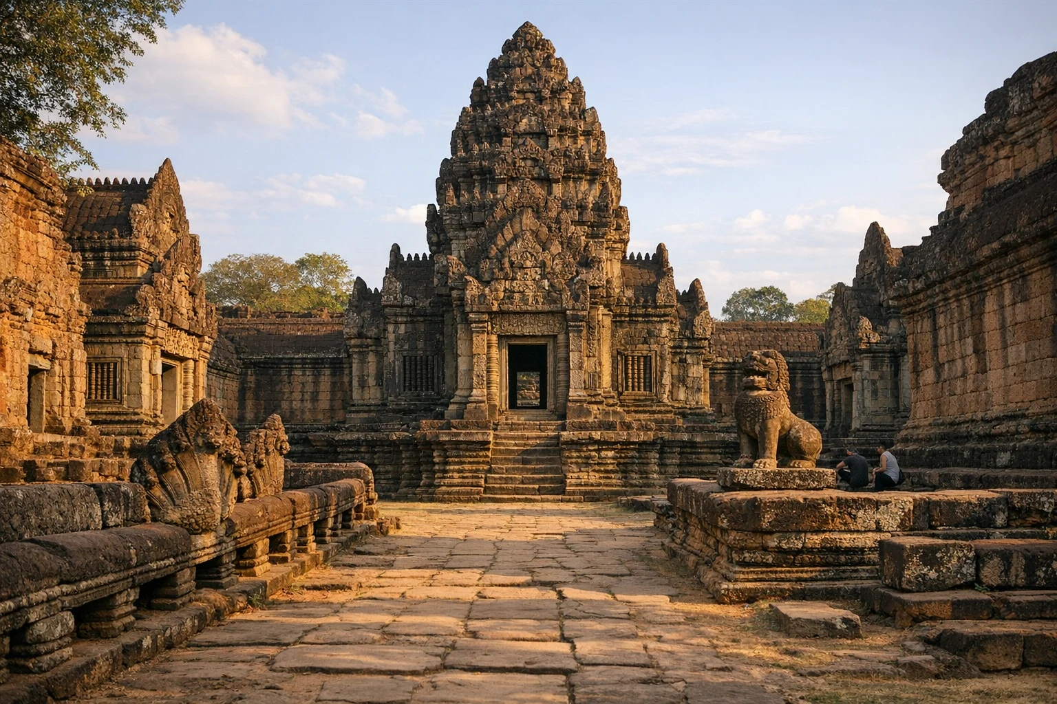 The ancient sandstone temple of Banteay Samré in Siem Reap, Cambodia, with intricate carvings and sunrise lighting
