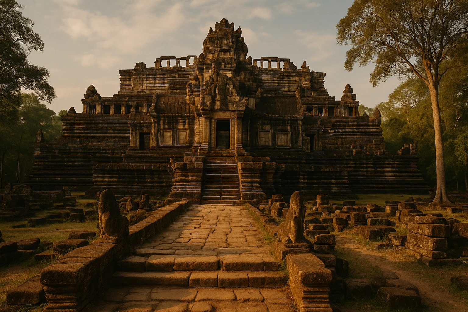 The tiered sandstone pyramid of Baphuon temple rising above the jungle canopy at Angkor Thom, Cambodia
