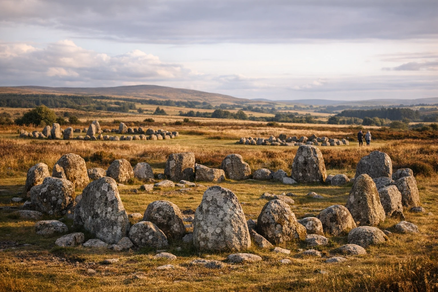 Stone circles and standing stones at Beaghmore Stone Circles in Ireland beneath an open mountain sky