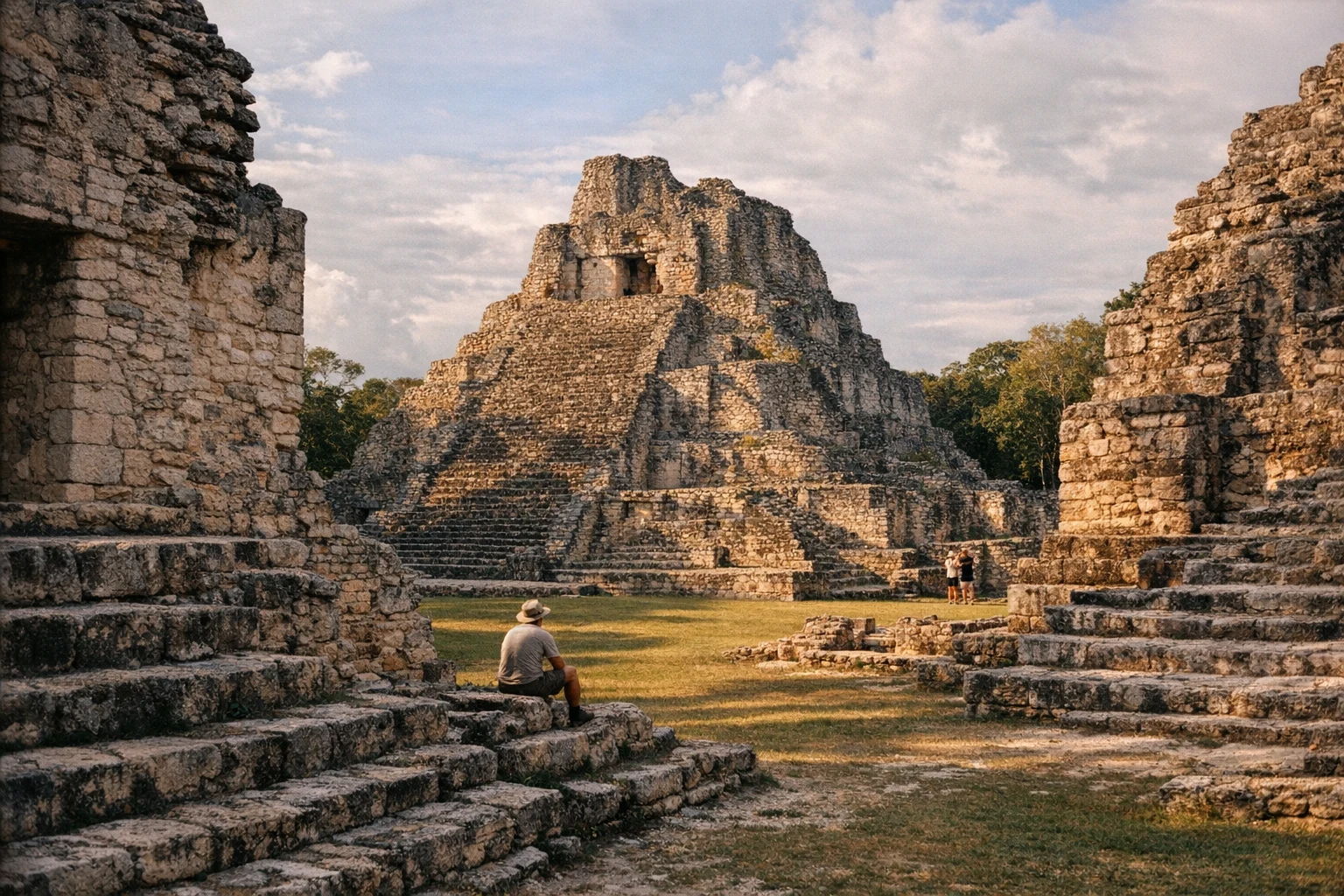 Stone temple structures at Becán in Campeche, Mexico, rising above the tropical forest