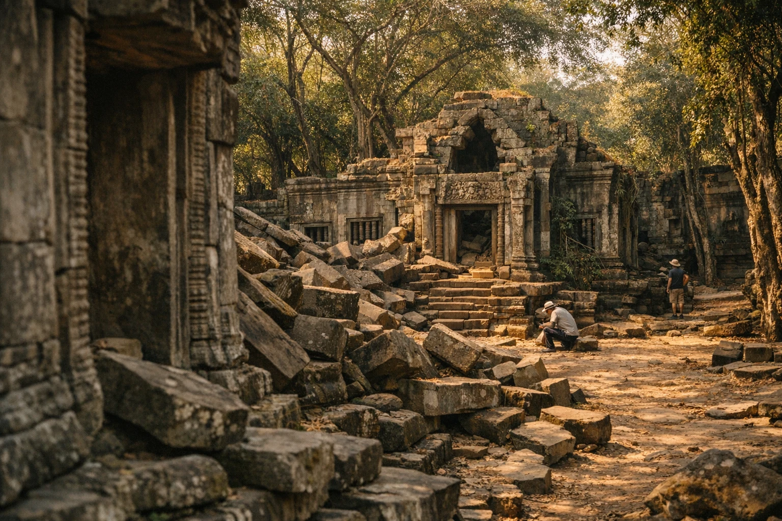 Weathered sandstone corridors and fallen blocks at Beng Mealea in Cambodia