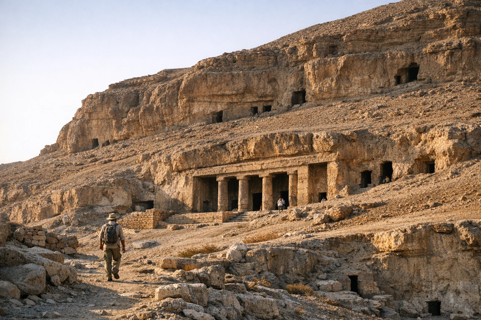 Rock-cut cliffs and decorated chambers at the Beni Hassan Tombs in Egypt overlooking the Nile Valley