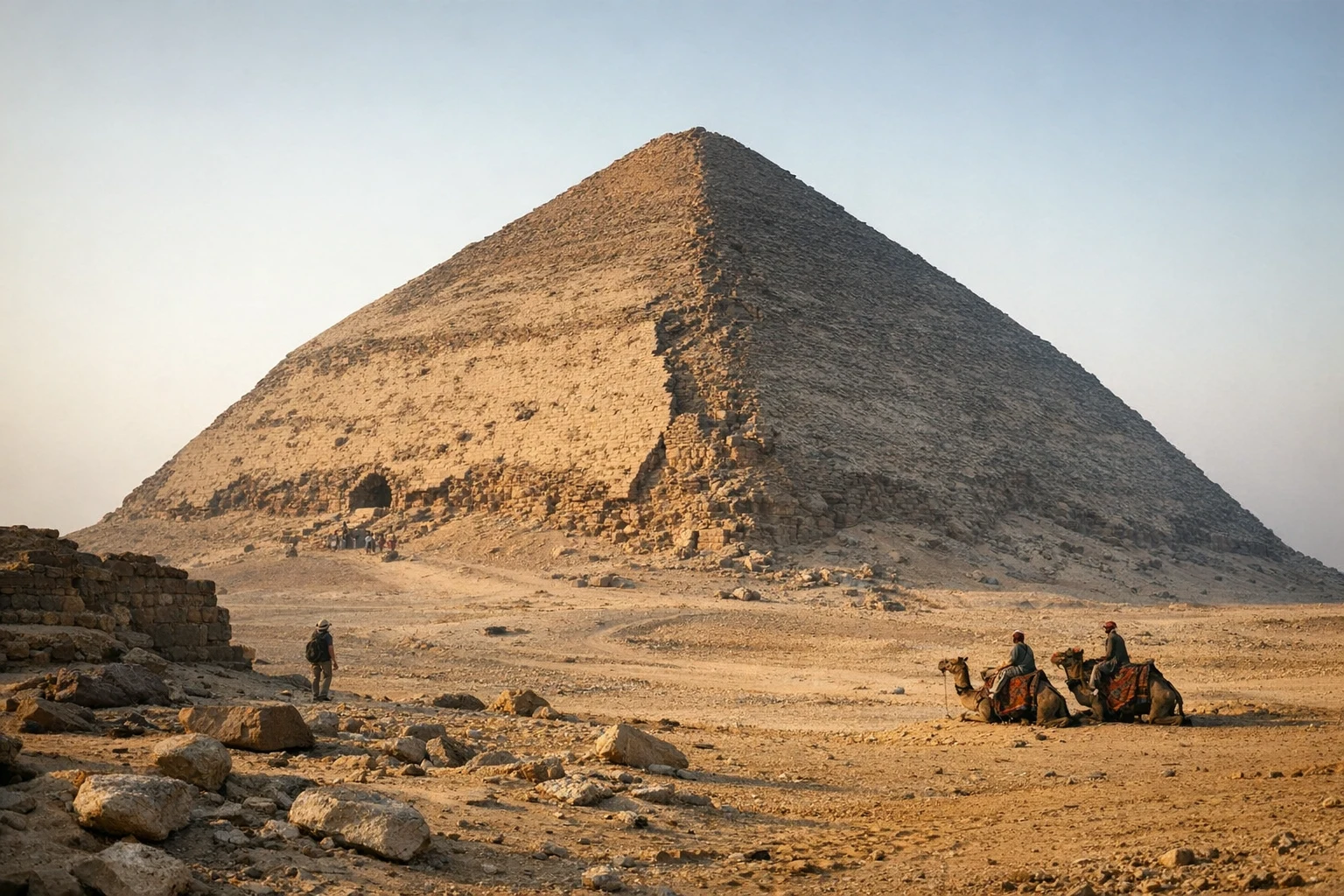 The Bent Pyramid rising from the desert at Dahshur in Egypt under a clear sky