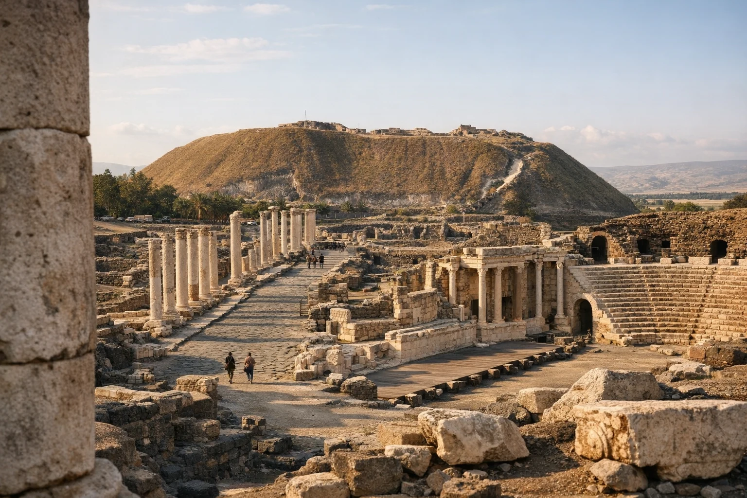 Ruins of ancient Beth She'an in Israel with Roman columns, theater, and the tell rising behind the city