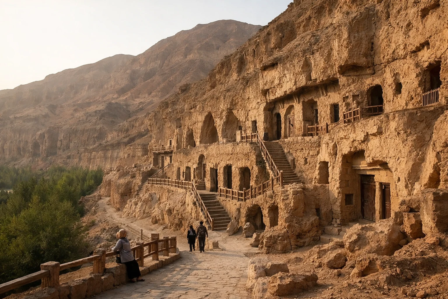 Cliffside cave temples at the Bezeklik Thousand Buddha Caves in Xinjiang, China