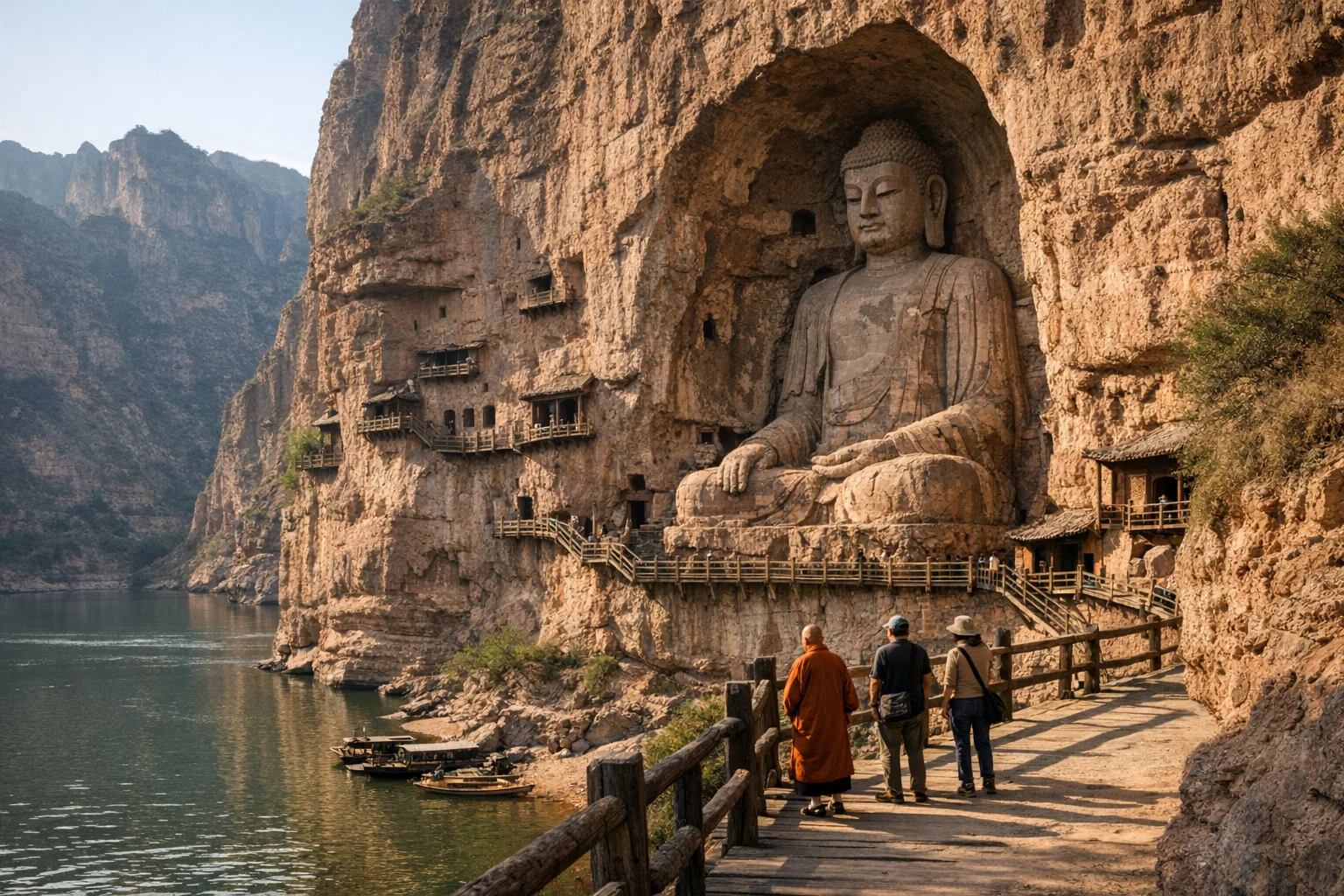 Cliffside Buddhist carvings and caves at Bingling Temple Grottoes in Gansu Province, China