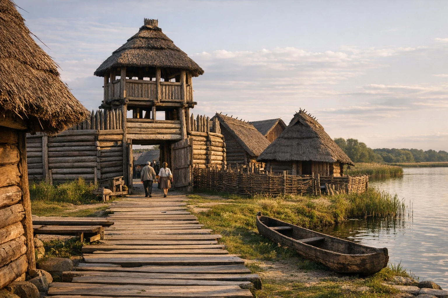 Aerial view of the reconstructed wooden settlement at Biskupin, Poland, surrounded by water and lush greenery.