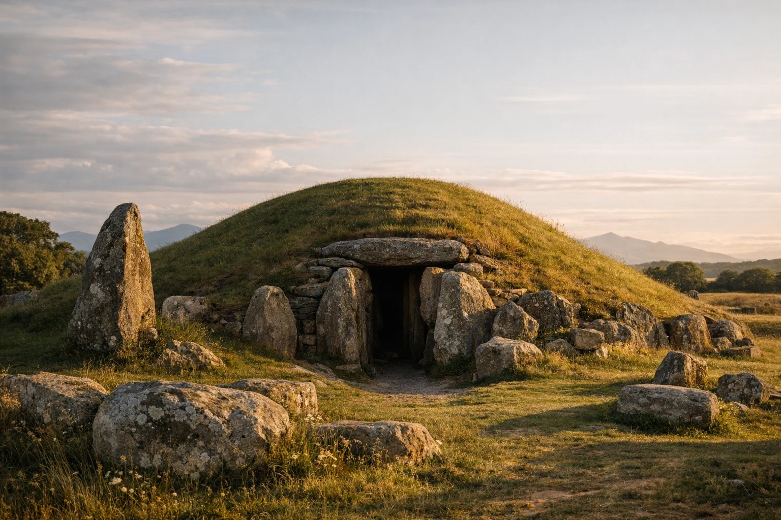 Bryn Celli Ddu burial chamber on Anglesey in the United Kingdom surrounded by green landscape