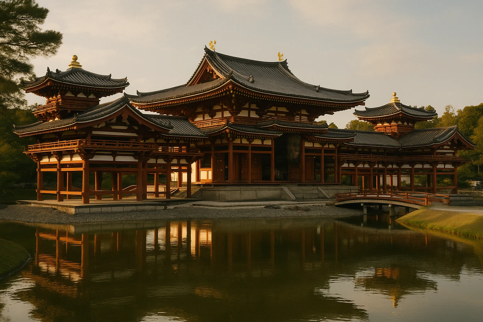 The Phoenix Hall of Byodoin Temple reflected in the lotus pond at Uji, Kyoto Prefecture, Japan