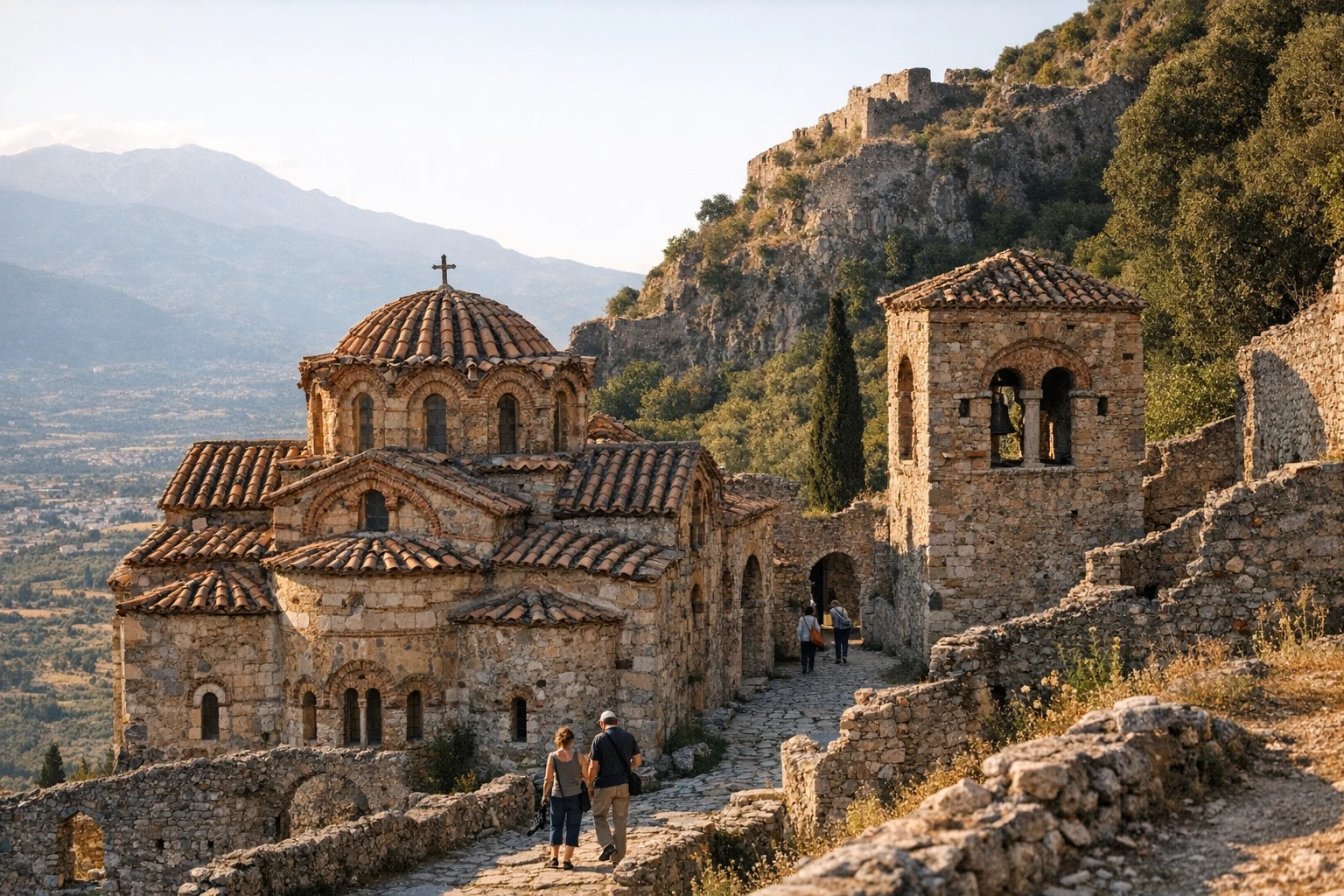 Ruins, churches, and fortified walls of Byzantine Mystras in Greece on a hillside above Sparta