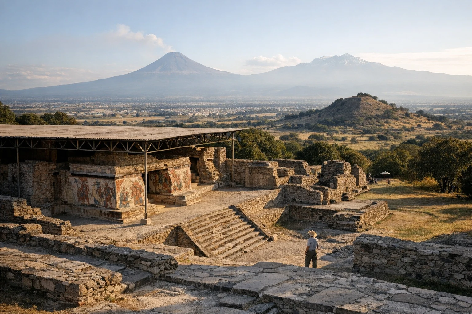 Protective roof sheltering the archaeological ruins of Cacaxtla in Tlaxcala, Mexico