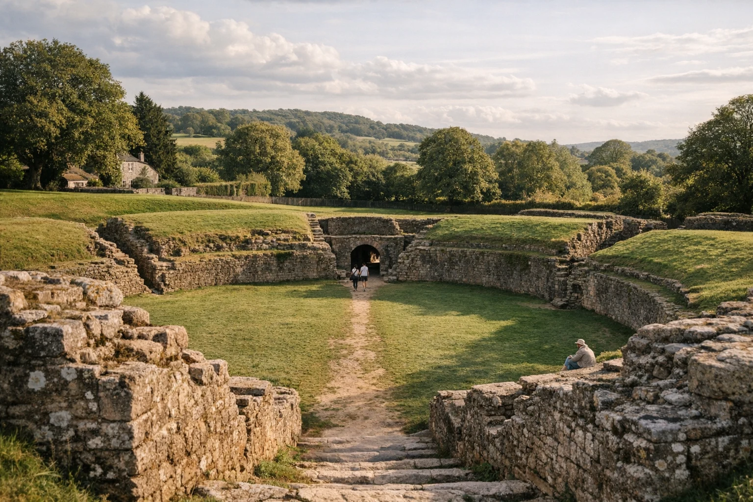 Ruins and grassy earthworks at Caerleon Roman Fortress in the United Kingdom