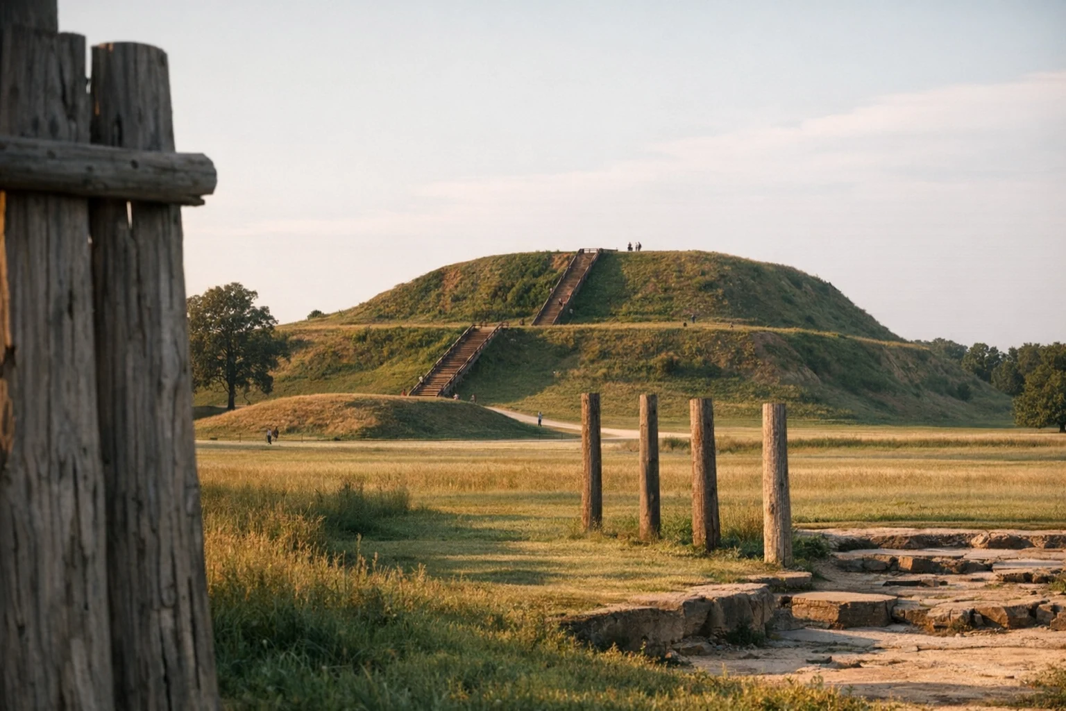 Aerial view of Cahokia Mounds in Illinois, United States, with monumental earthworks and green landscapes