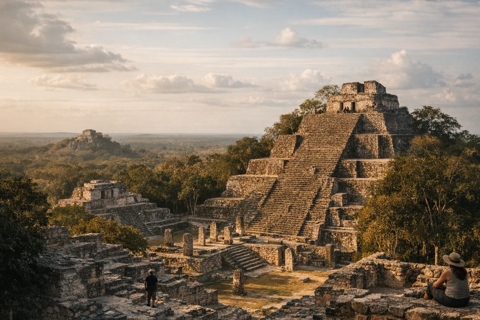 Ancient pyramids of Calakmul rising above the forest canopy in Campeche, Mexico