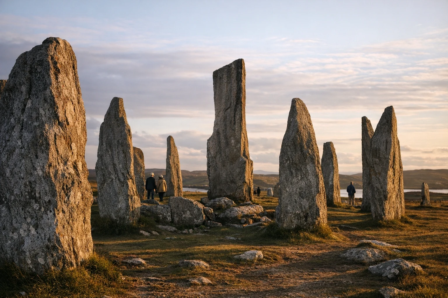 The Callanish Stones standing on a moor in the United Kingdom under a dramatic sky