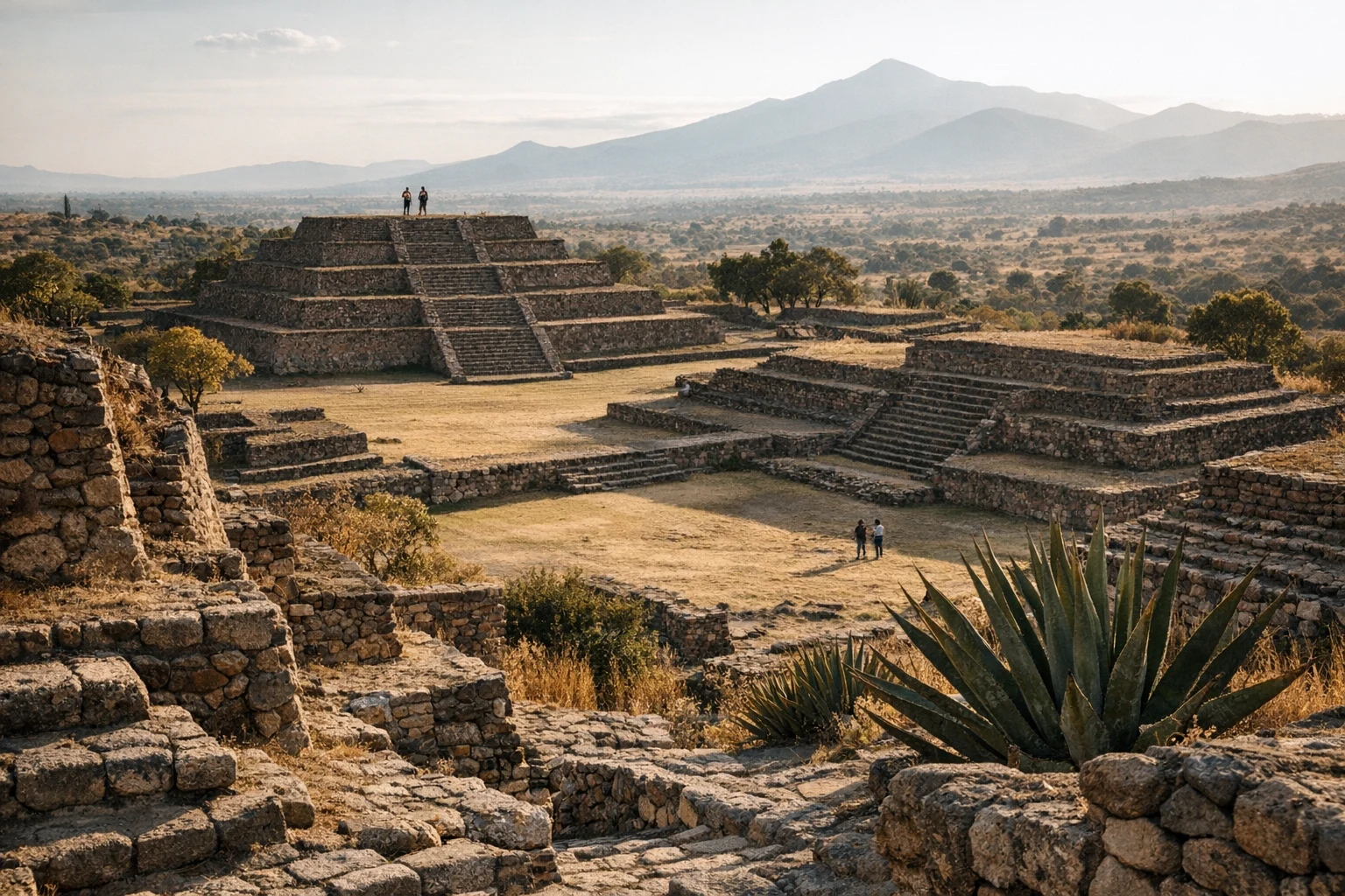 Ancient stone structures and terraces at Cantona in Puebla, Mexico