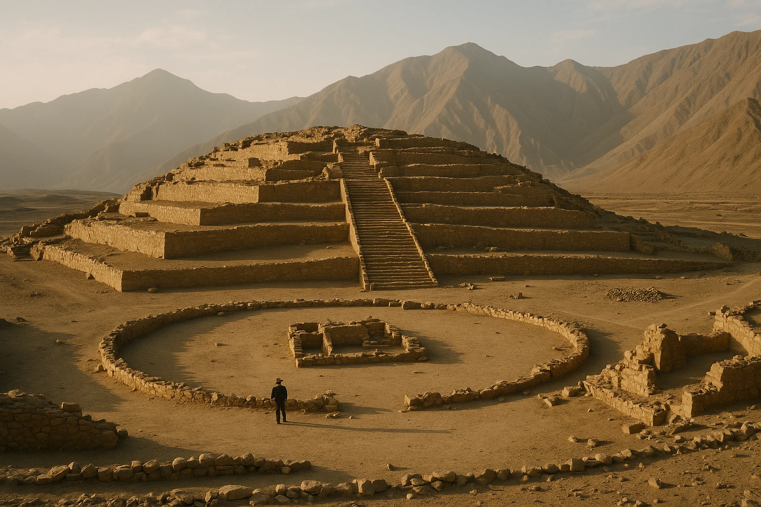 Sunlit pyramids and desert valley terraces at Caral-Supe, Peru