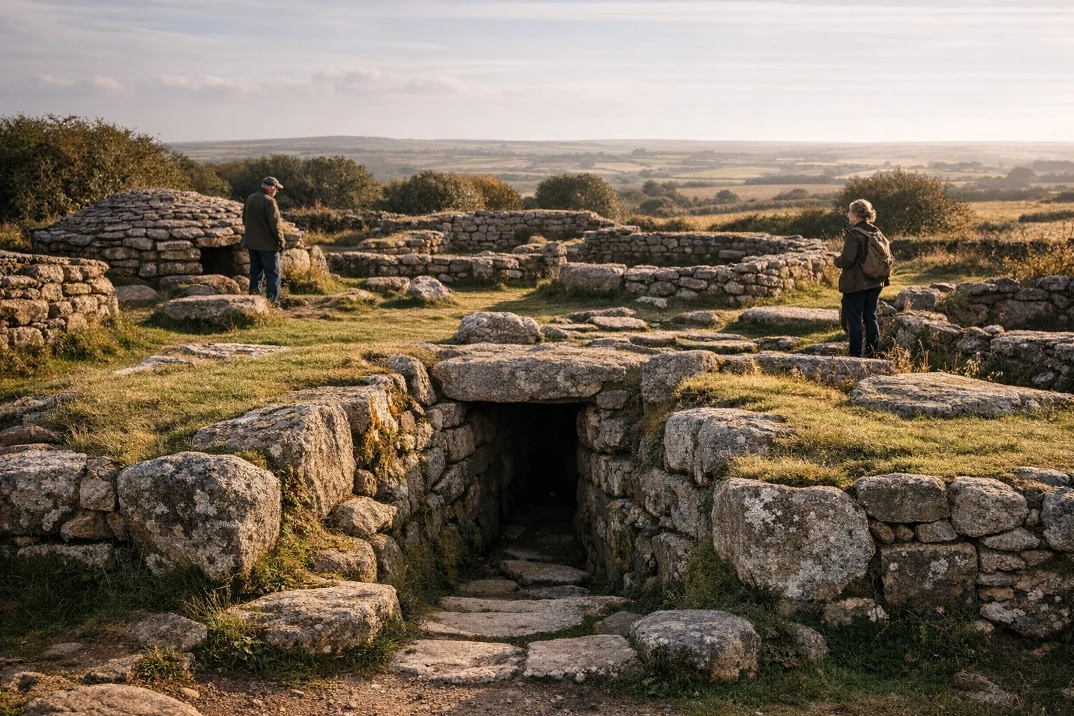 Stone ruins and ancient fogou at Carn Euny in the United Kingdom