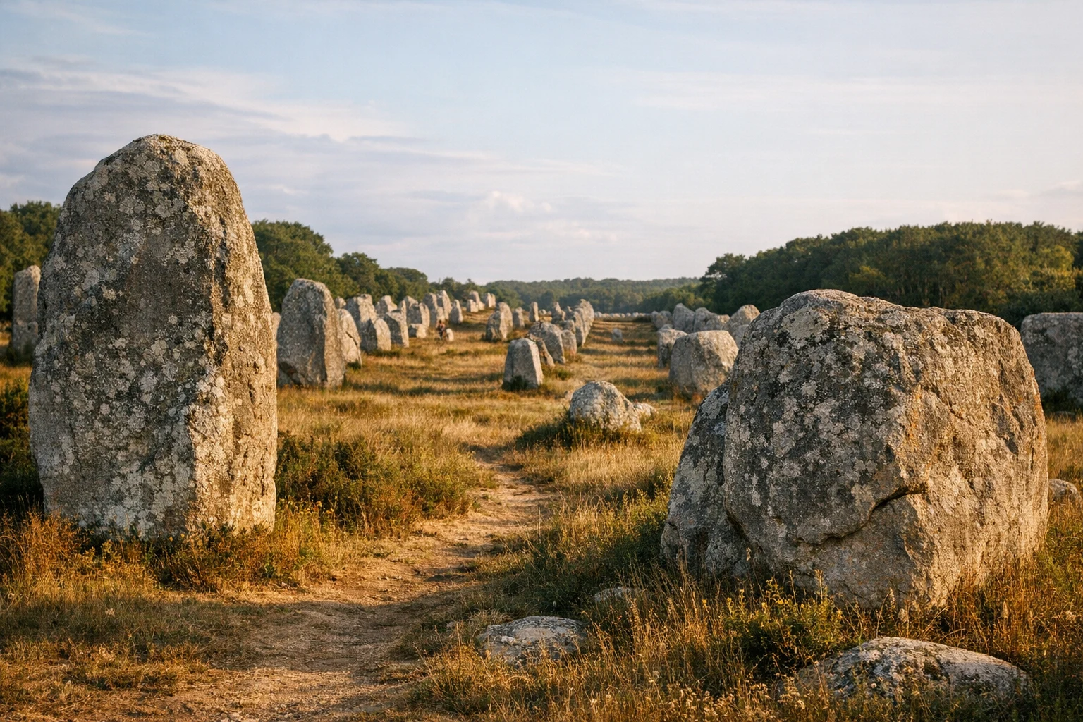 A panoramic view of the Carnac Stones megalithic alignment in Brittany, France