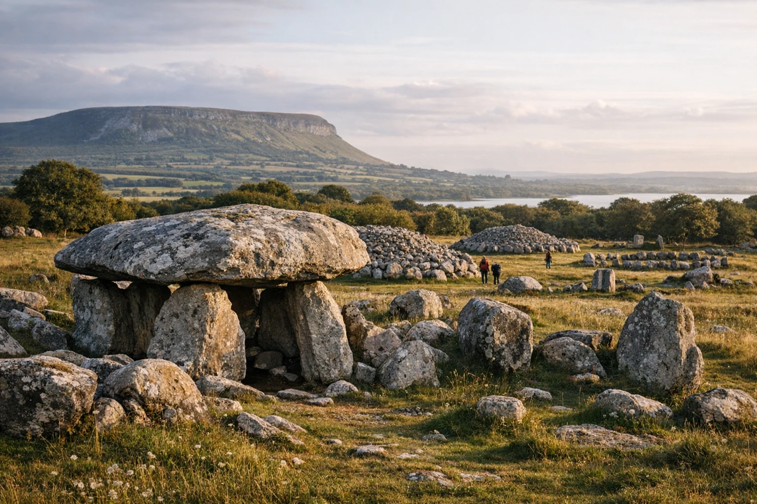 Stone tomb remains at Carrowmore Megalithic Cemetery in Ireland under open skies