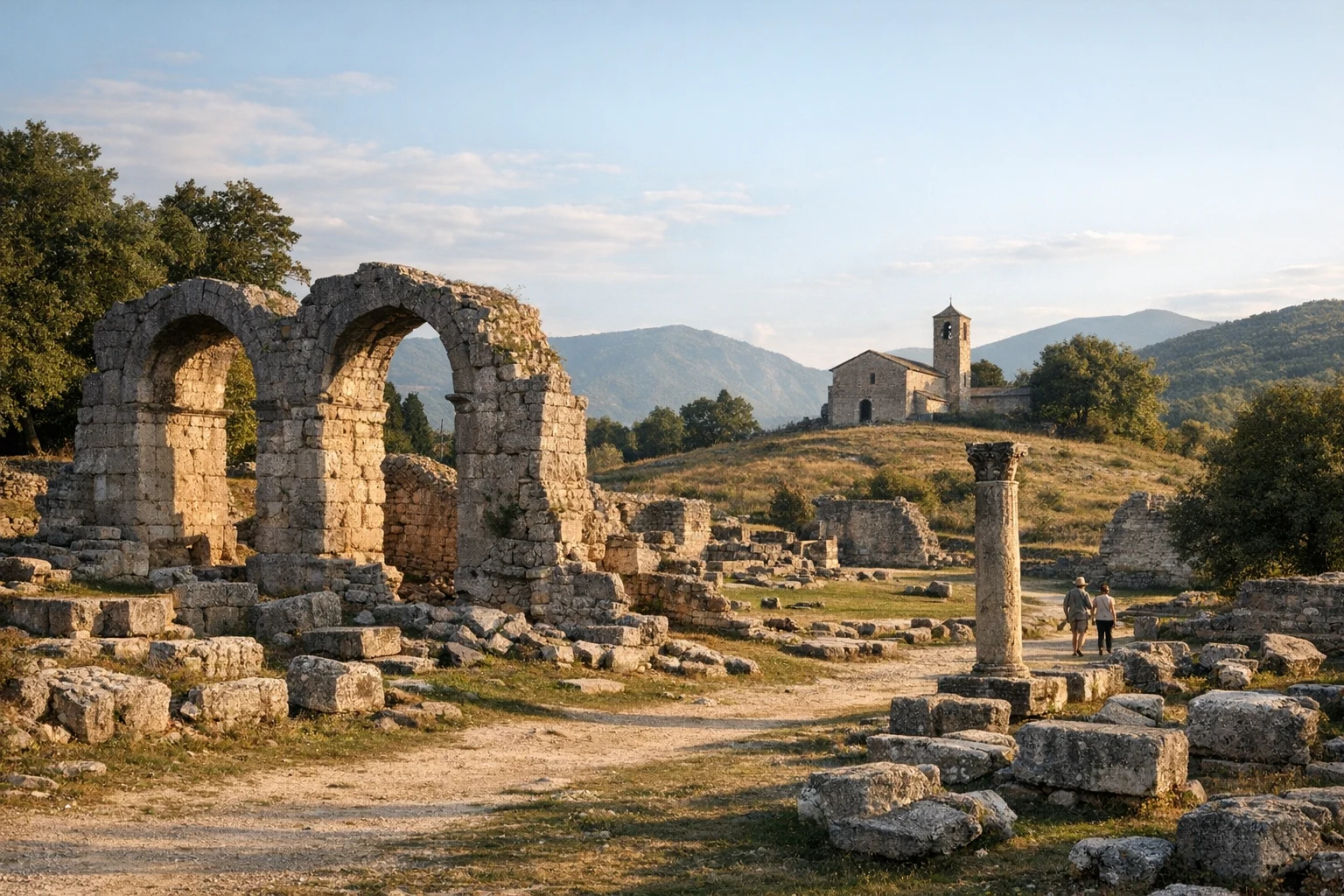 Roman ruins at Carsulae in Umbria, Italy, with ancient stone road and arches