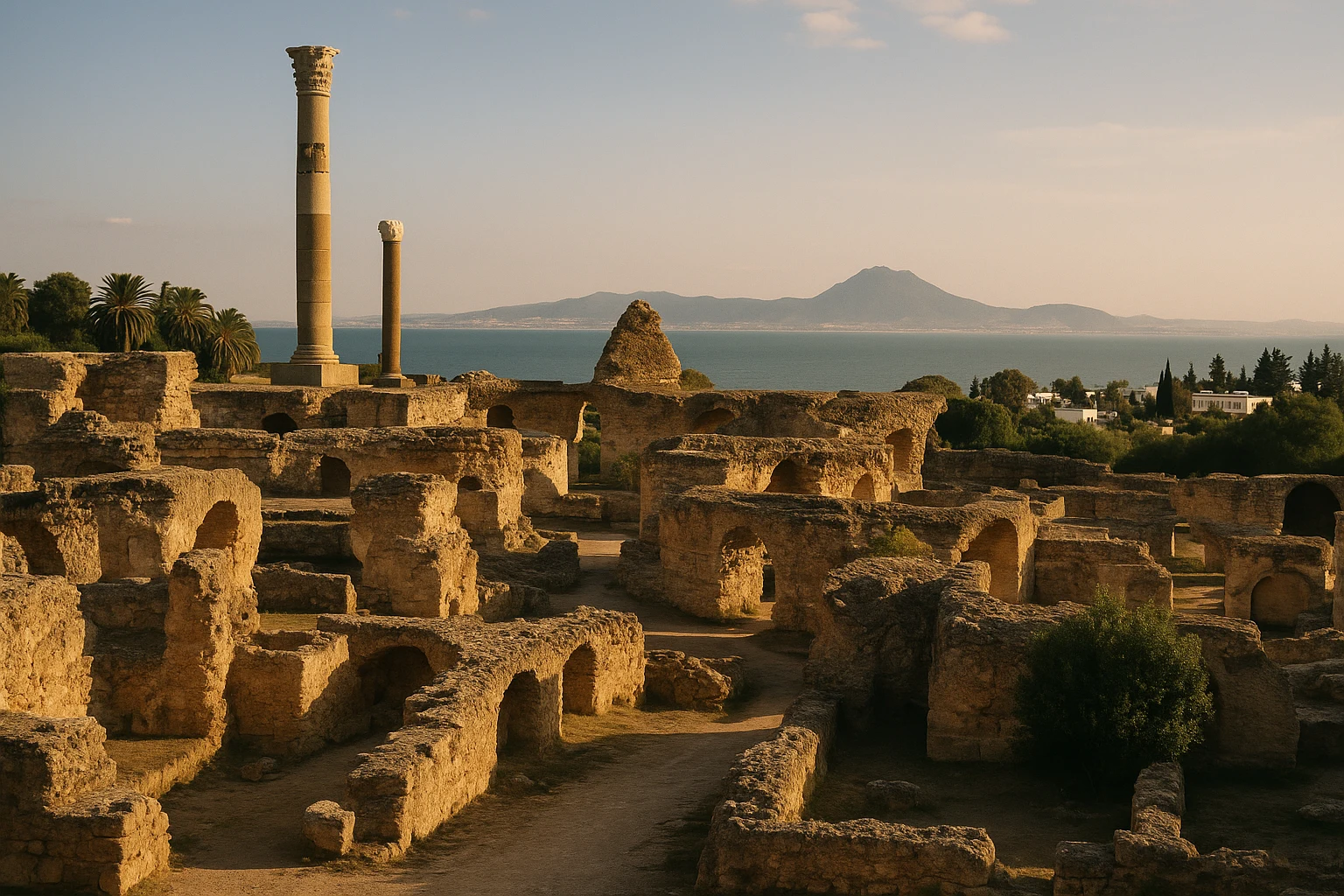 Ancient Roman columns and ruins of Carthage overlooking the Mediterranean Sea in Tunisia
