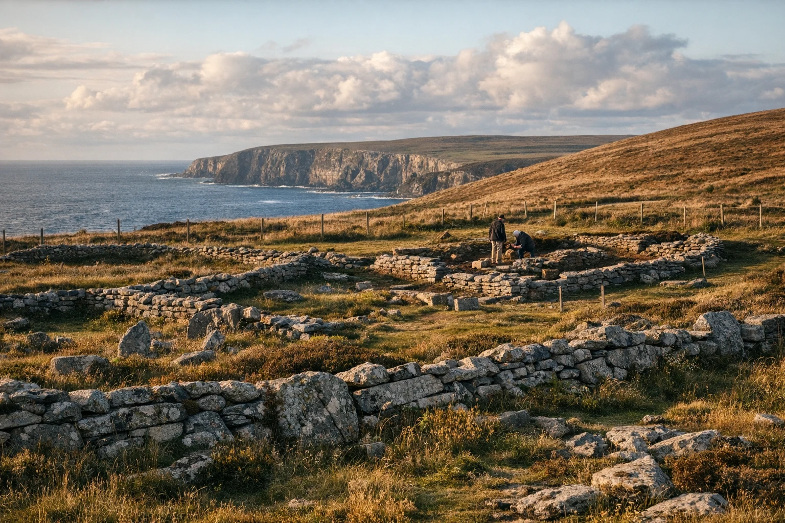 Stone wall remains and bog landscape at Céide Fields in County Mayo, Ireland