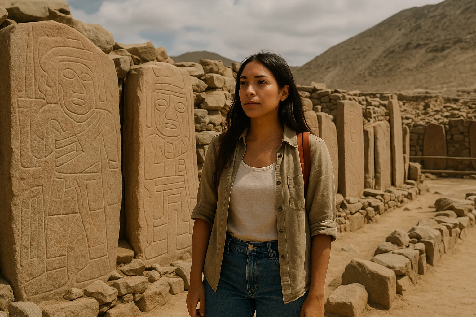 Carved stone monolith wall at Cerro Sechín archaeological site, Peru